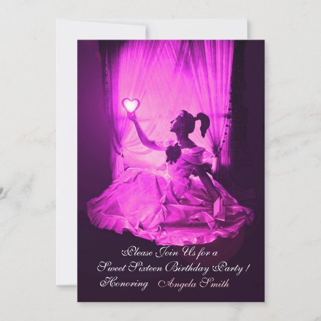 INVITATION SWEET 16 FÊTE, VIOLET FUCHSIA BLACK DAMASK (Devant)