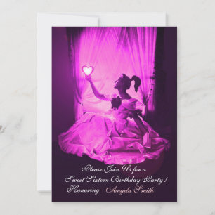 INVITATION SWEET 16 FÊTE, VIOLET FUCHSIA BLACK DAMASK