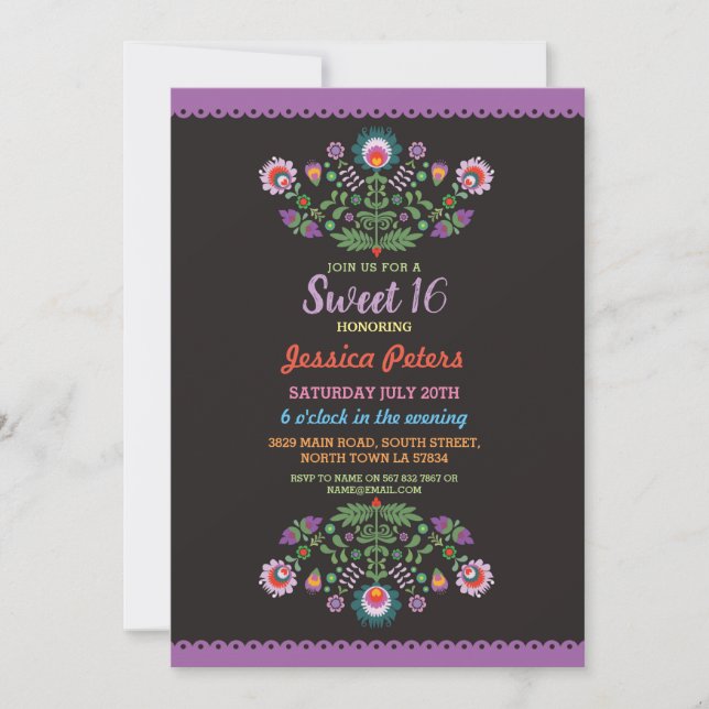 Invitation Sweet 16 fêtes Floral Fiesta mexicaine Anniversair (Devant)