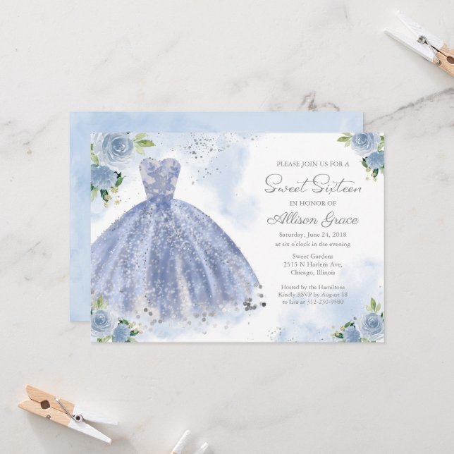 Invitation Sweet 16 Feuille d'Argent Robe Bleu Pou (Devant/Arrière en situation)
