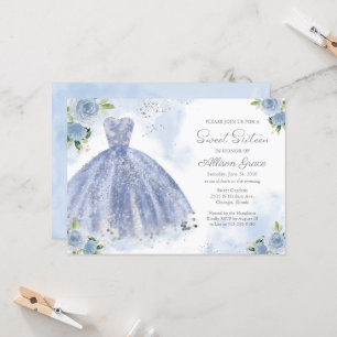 Invitation Sweet 16 Feuille d'Argent Robe Bleu Pou