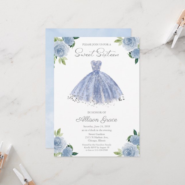 Invitation Sweet 16 Feuille d'Argent Robe Bleu Pou (Devant/Arrière en situation)