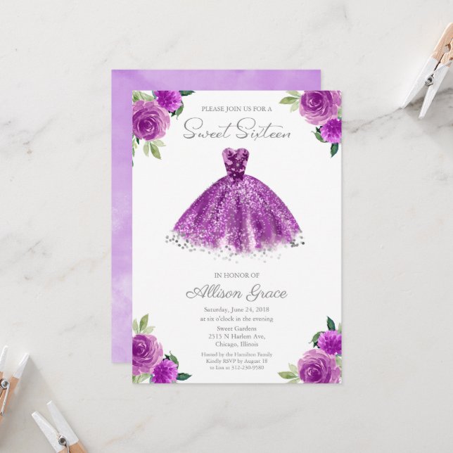 Invitation Sweet 16 Feuille d'Argent Robe Violette (Devant/Arrière en situation)