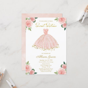 Invitation Sweet 16 Feuille d'Or Robe Rose Pâle