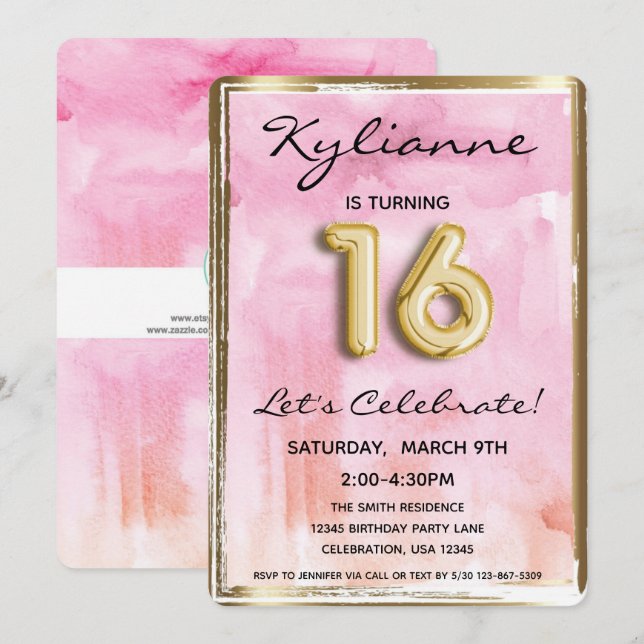 Invitation Sweet 16 fille Anniversaire rose et or 16e (Devant / Derrière)