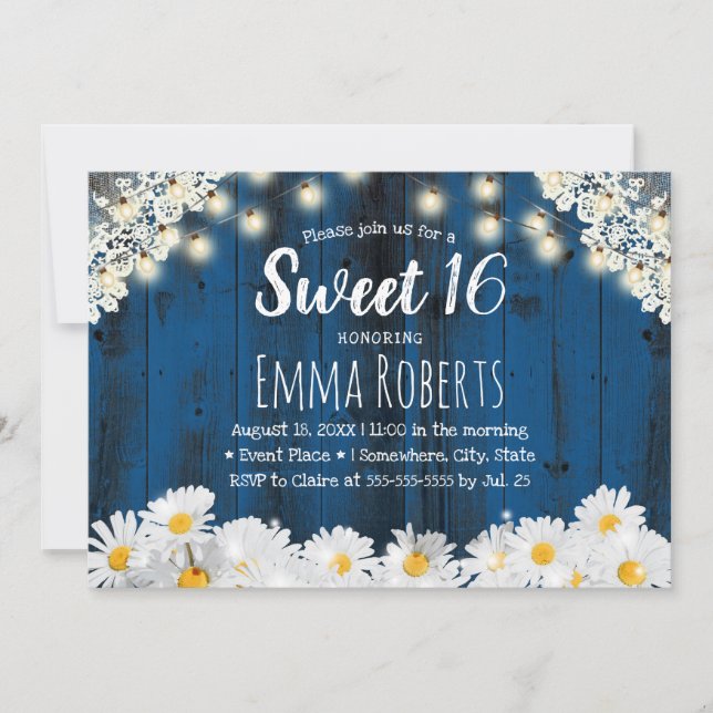 Invitation Sweet 16 Fleurs de marguerite rustique Lights Mari (Devant)