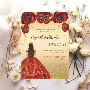 Invitation Sweet 16 fleurs de robe rouge or rose