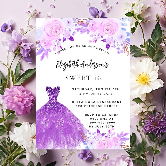 Invitation Sweet 16 fleurs rose violet robe luxe (Créateur téléchargé)
