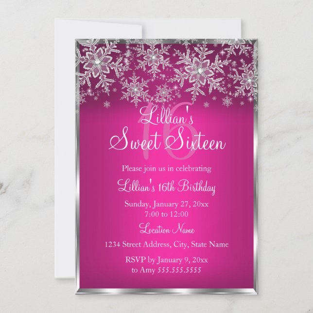 Invitation Sweet 16 Flocon de Neige Argent Rose Ch (Devant)