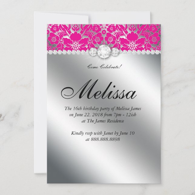 Invitation Sweet 16 Floral Damask Rose Chaude Arge (Devant)