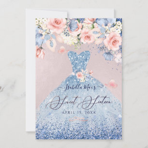 Invitation Sweet 16 Floral Dusty Blue Parties scintillant Gow