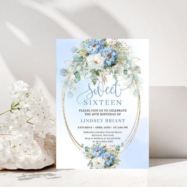Invitation Sweet 16 Floral Dusty Blue Script Impri (Printable Script Dusty Blue Floral Sweet 16 Invitation)