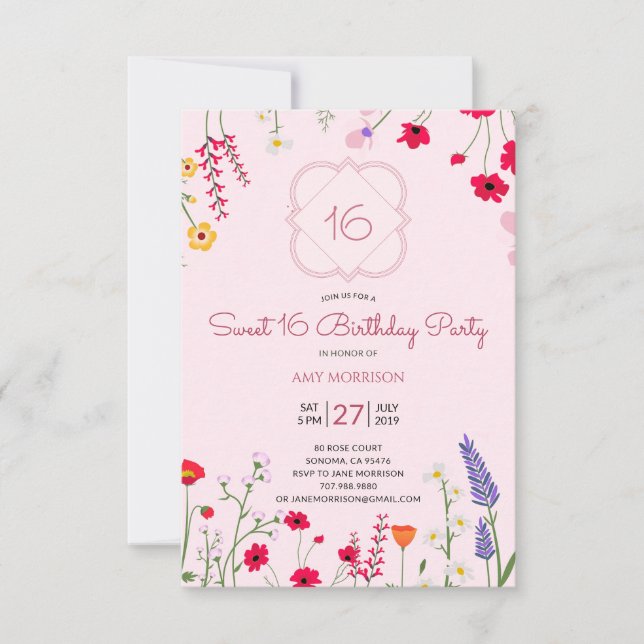 Invitation Sweet 16 Floral fête d'anniversaire (Devant)