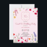 Invitation Sweet 16 Floral fête d'anniversaire<br><div class="desc">Un ensemble stylisé fantaisiste de fleurs sauvages illustrés sur rose,  avec 16 dans un quatrefoil,  pour une fête d'anniversaire sweet sixteen. Design de style doux et fruité. Personnalisez avec vos informations de fête. Fleurs rouges,  roses,  vertes et violettes. image par rawpixel.</div>