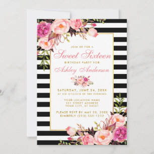 Invitation Sweet 16 Flore rayé Or rose