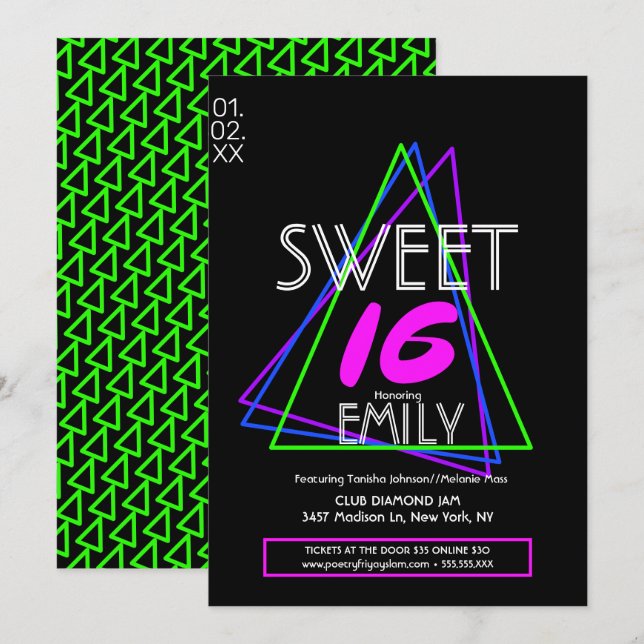 Invitation Sweet 16 Flyer Club Thème Néon géométrique (Devant / Derrière)