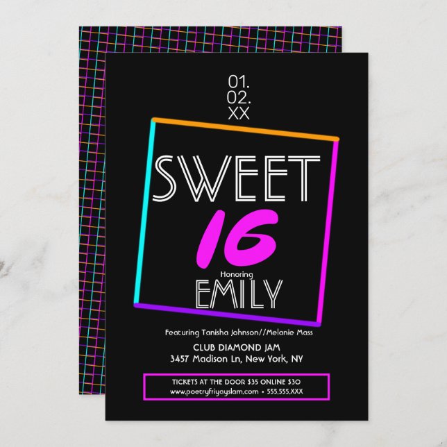 Invitation Sweet 16 Flyer Club Thème Neon géométrique (Devant / Derrière)