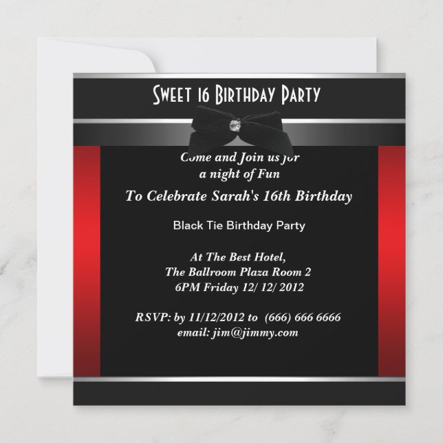 Invitation Sweet 16 Formal Black Cravate fête d'anniversaire (Devant)