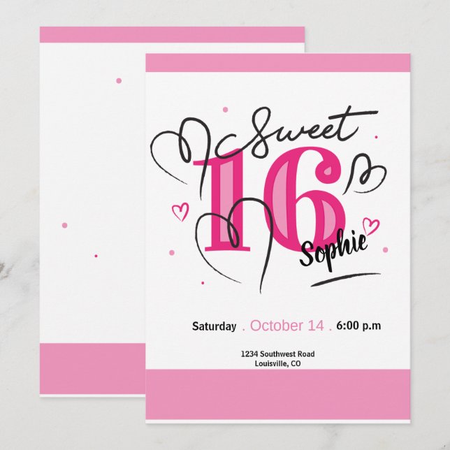 Invitation Sweet 16 Fuchsia Rose 16ème Anniversair (Devant / Derrière)