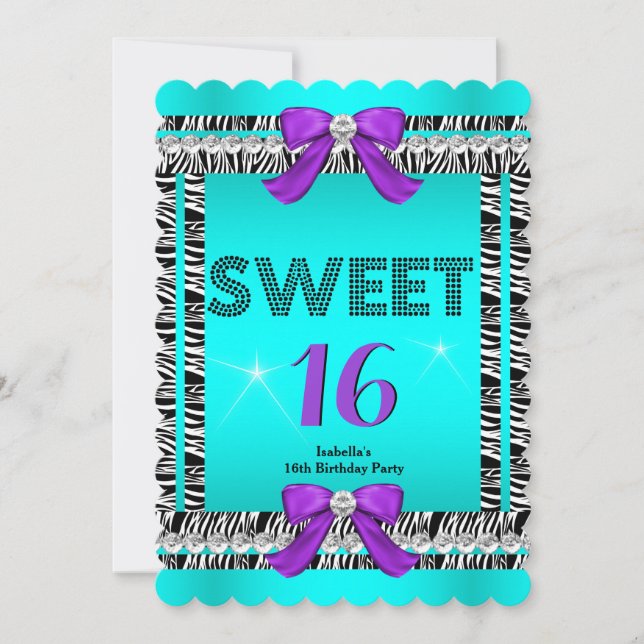 Invitation Sweet 16 Fun Party Zebra Turquoise bleu pourpre Bo (Devant)
