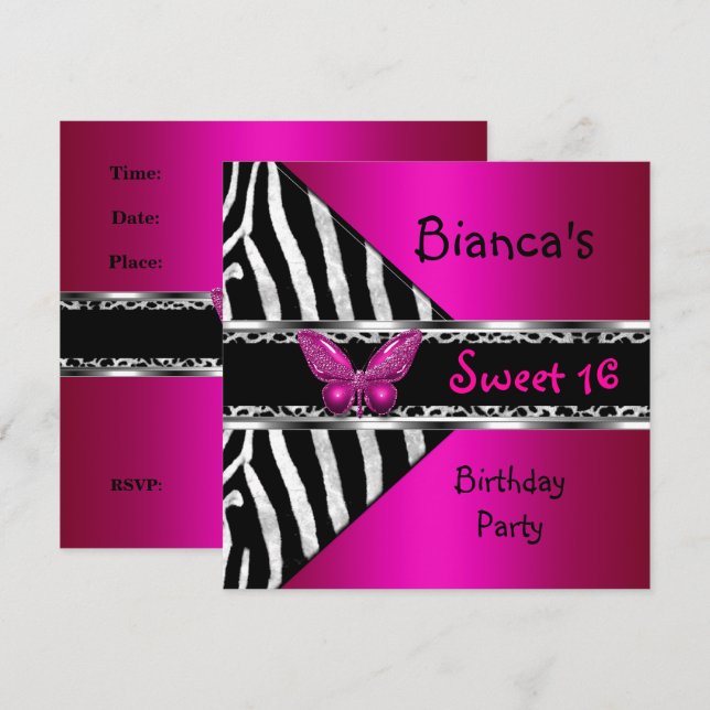 Invitation Sweet 16 Fushia rose Silver Black Zebra Leopard (Devant / Derrière)