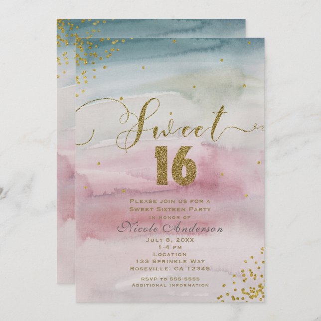 Invitation SWEET 16 Glam Aquarelle moderne or Confetti (Devant / Derrière)