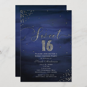 Invitation SWEET 16 Glam Modern Watercolor Blue Silver Party