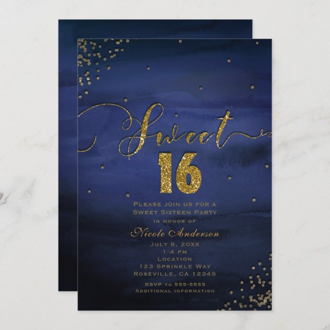 Invitation SWEET 16 Glam Moderne Aquarelle Bleu & Gold Party (Devant / Derrière)