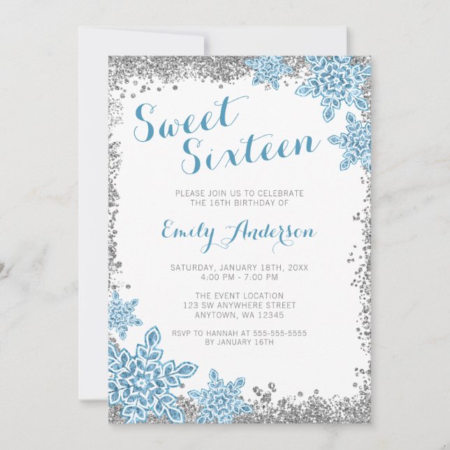 Invitation Sweet 16 Glam Winter Wonderland Silver Blue (Devant)