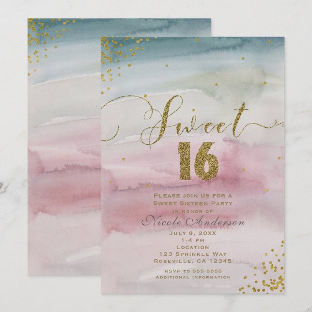 Invitation SWEET 16 Glamour Moderne Aquarelle Confetti Dorés (Devant / Derrière)