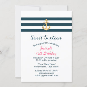 Invitation Sweet 16 Gold Ancre Bandes Nautiques