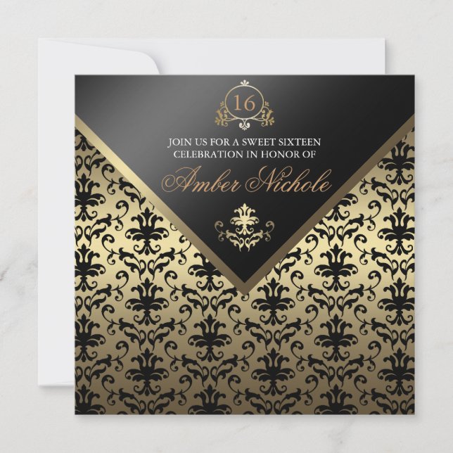 Invitation Sweet 16 Gold & Black Damassé (Devant)