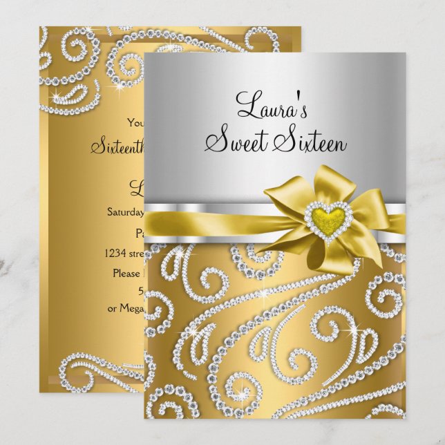 Invitation Sweet 16 Gold Bow & Sparkle Diamond Annonces (Devant / Derrière)