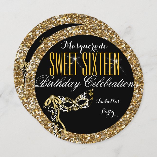 Invitation Sweet 16 Gold Parties scintillant Masquerade Anniv (Devant / Derrière)