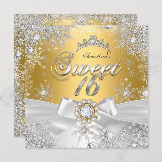 Invitation Sweet 16 Gold Silver Princess Winter Wonderland (Devant / Derrière)