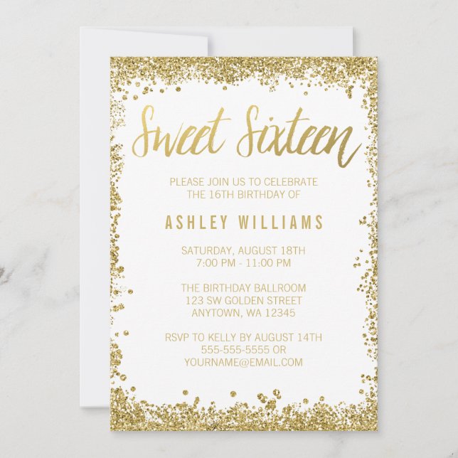 Invitation Sweet 16 Gold White Faux Parties scintillant Anniv (Devant)