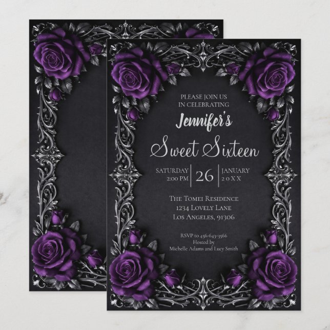 Invitation Sweet 16 gothique floral pourpre (Devant / Derrière)