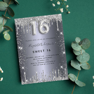Invitation Sweet 16 gouttes de parties scintillant argent gla