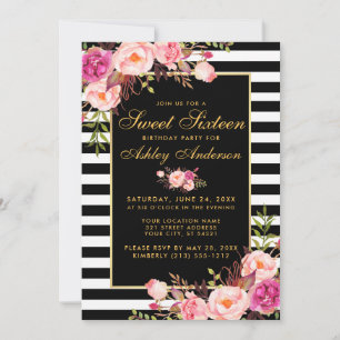 Invitation Sweet 16 Gratté Rose Floral Or