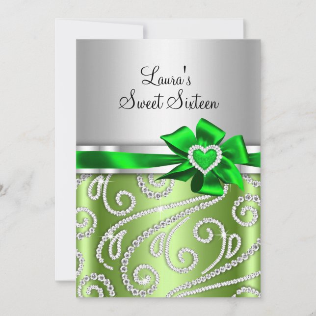 Invitation Sweet 16 Green Bow & Sparkle Diamond Annonce (Devant)