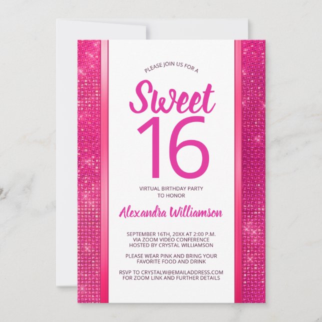 Invitation Sweet 16 Hot Pink Glam Virtual 16th Birthday Party (Devant)