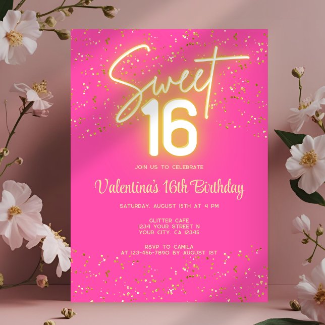 Invitation  Sweet 16 Hot Pink Neon Glow Gold Glitter Birthday (Créateur téléchargé)