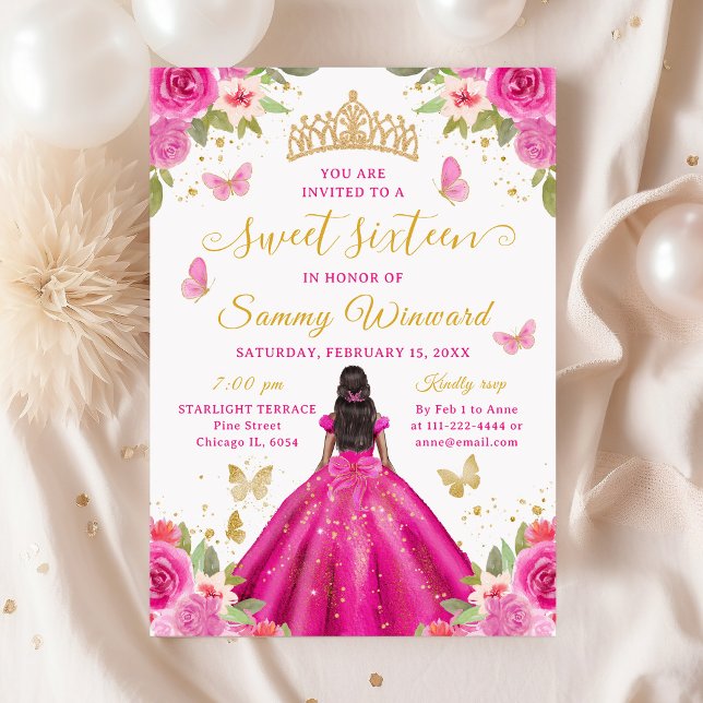 Invitation Sweet 16 Hot Pink Princess African American Girl (Créateur téléchargé)