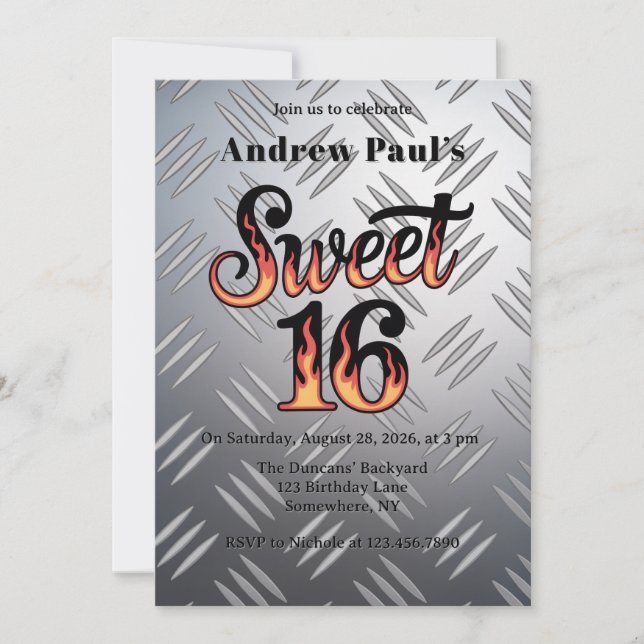 Invitation Sweet 16 In Flames and Silver Plate Birthday Party (Devant)