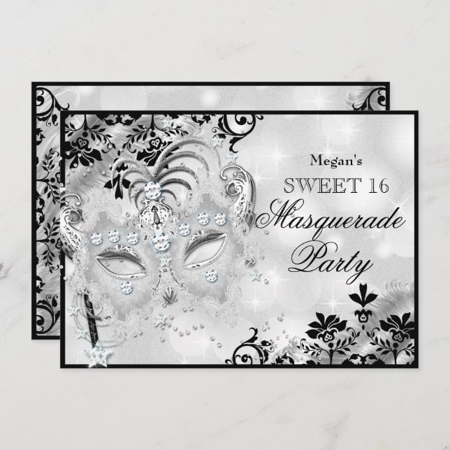 Invitation Sweet 16 Jewel Masque & Damask Argent Masquerade (Devant / Derrière)