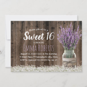 Invitation Sweet 16 Lavande Rustique Jar Floral Élégant Bois