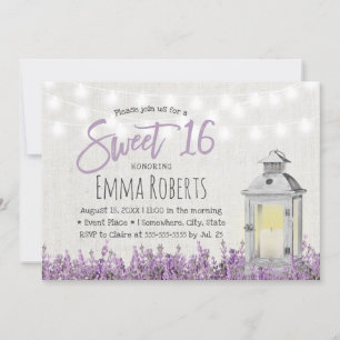 Invitation Sweet 16 Lavande Rustique Lanterne Blanche Florale