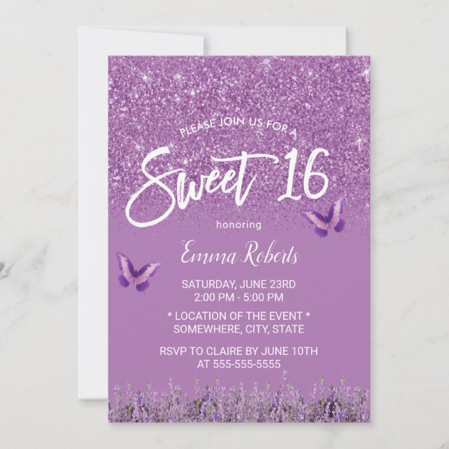 Invitation Sweet 16 Lavender Faux Parties scintillant moderne (Devant)