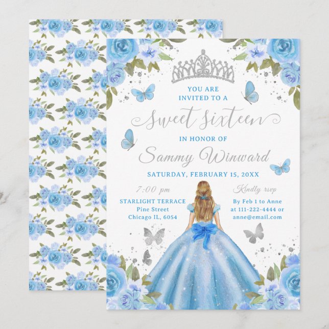 Invitation Sweet 16 Light Blue Princess Blonde Girl (Devant / Derrière)