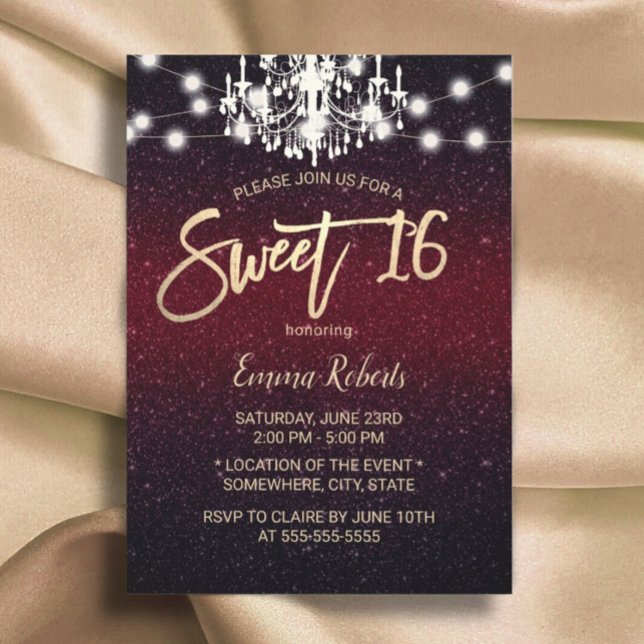 Invitation Sweet 16 lustre moderne Bourgogne Parties scintill (Créateur téléchargé)